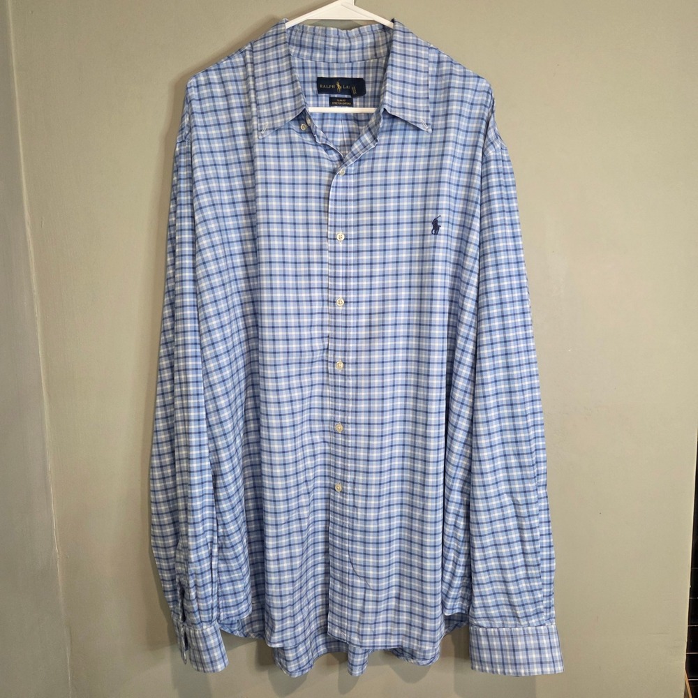 Ralph Lauren Slim Fit Stretch Oxford Button Shirt Men 2XL Blue Plaid Long Sleeve